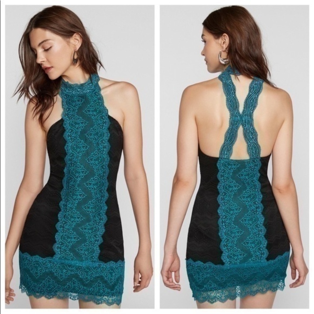 Free People Natasha fitted lace halter open back dress in black & teal blue Sz M